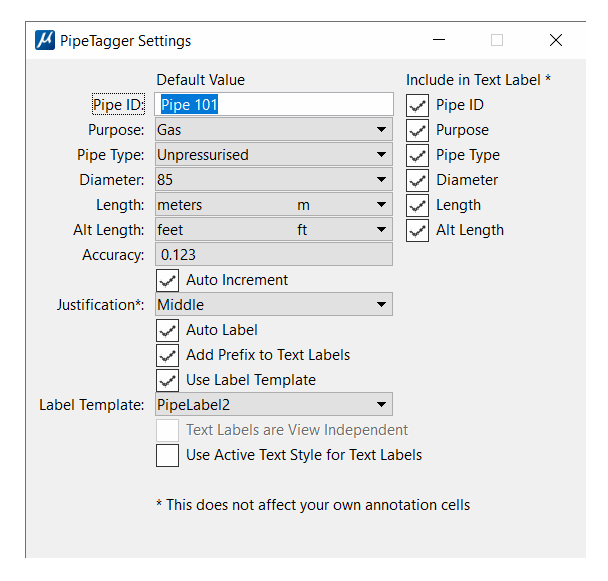PipeTagger Tool Settings for Labelling