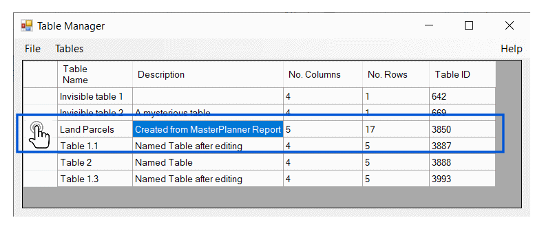 Table Manager dialog