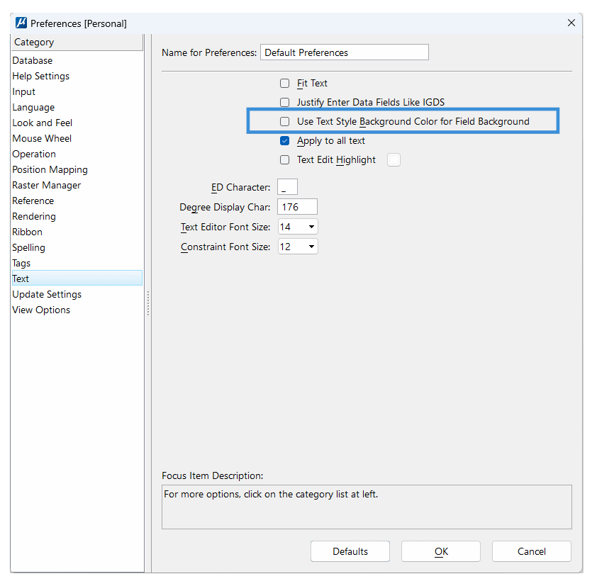 MicroStation Preferences: Text